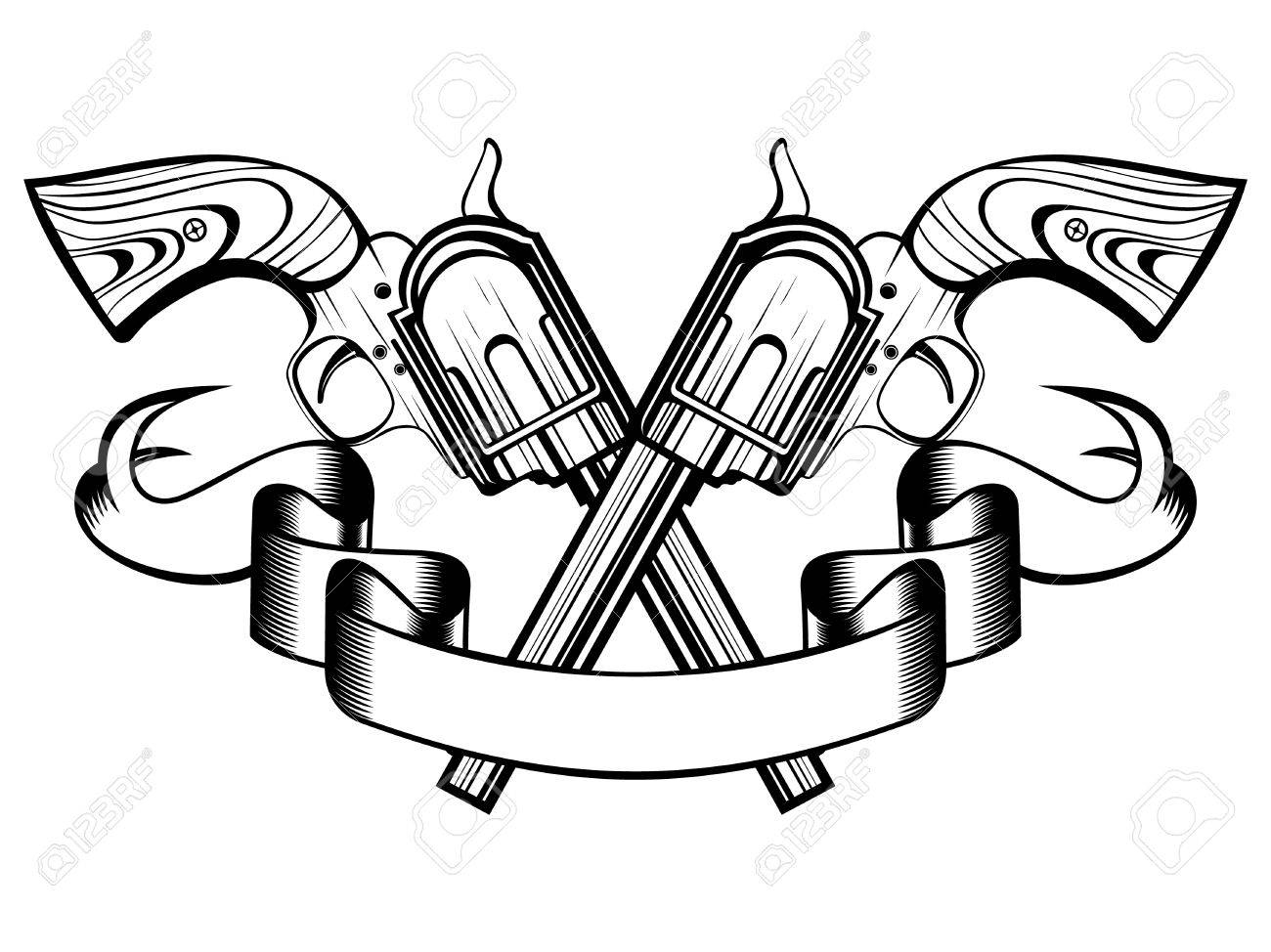 Vector Illustration Two Crossed Revolvers And Banner For Tattoo with size 1300 X 974