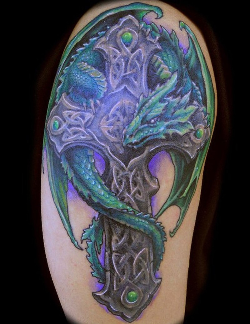 Vivid Colors Celtic Cross With Dragon Tattoo On Half Sleeve inside sizing 800 X 1036