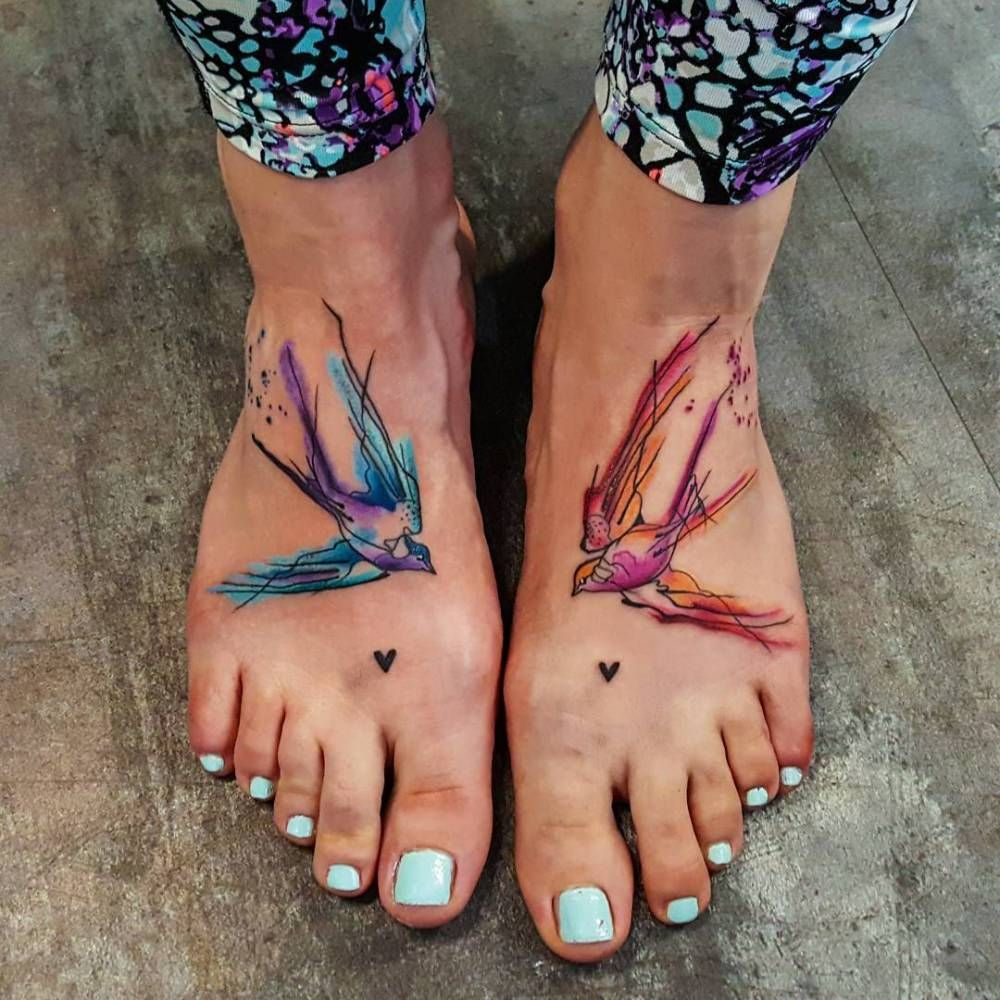 Watercolor Bird Tattoos Inked On Both Feet Bird Tattoos Feet regarding proportions 1000 X 1000