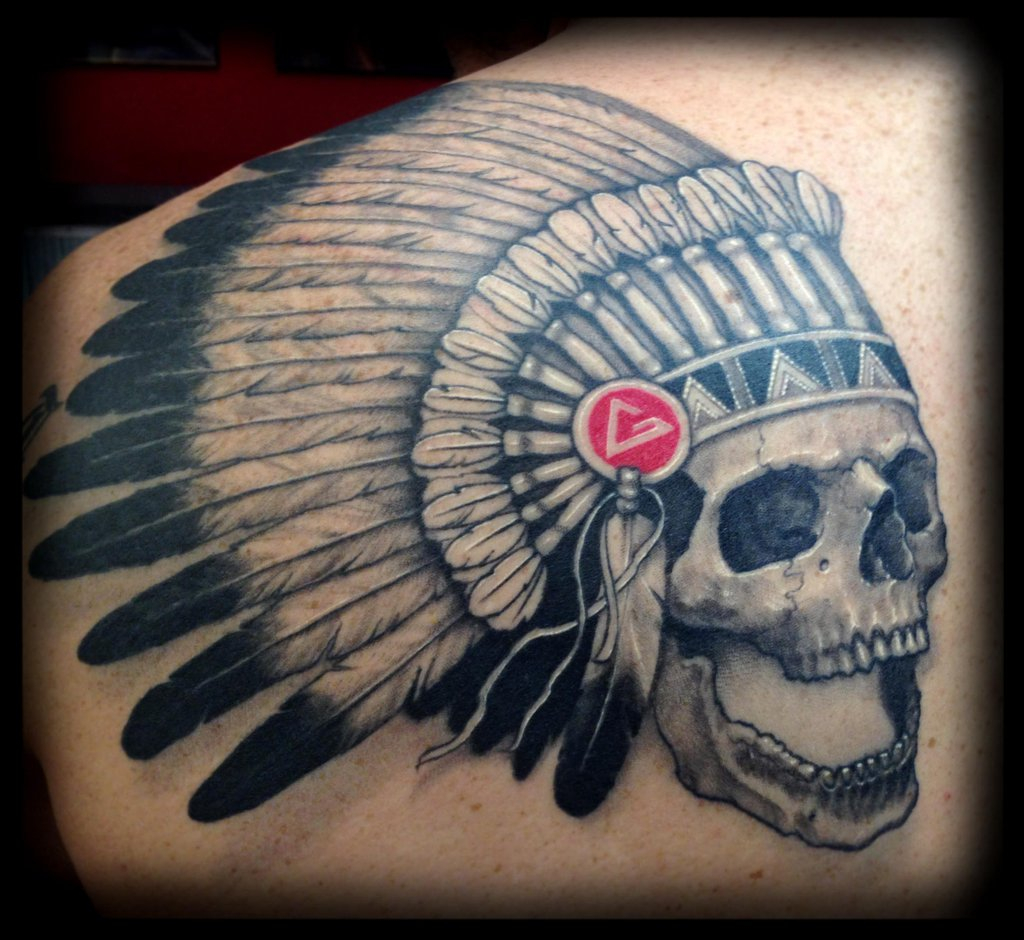 3d Black And Grey Native American Skull Tattoo On Left Back Shoulder pertaining to sizing 1024 X 940