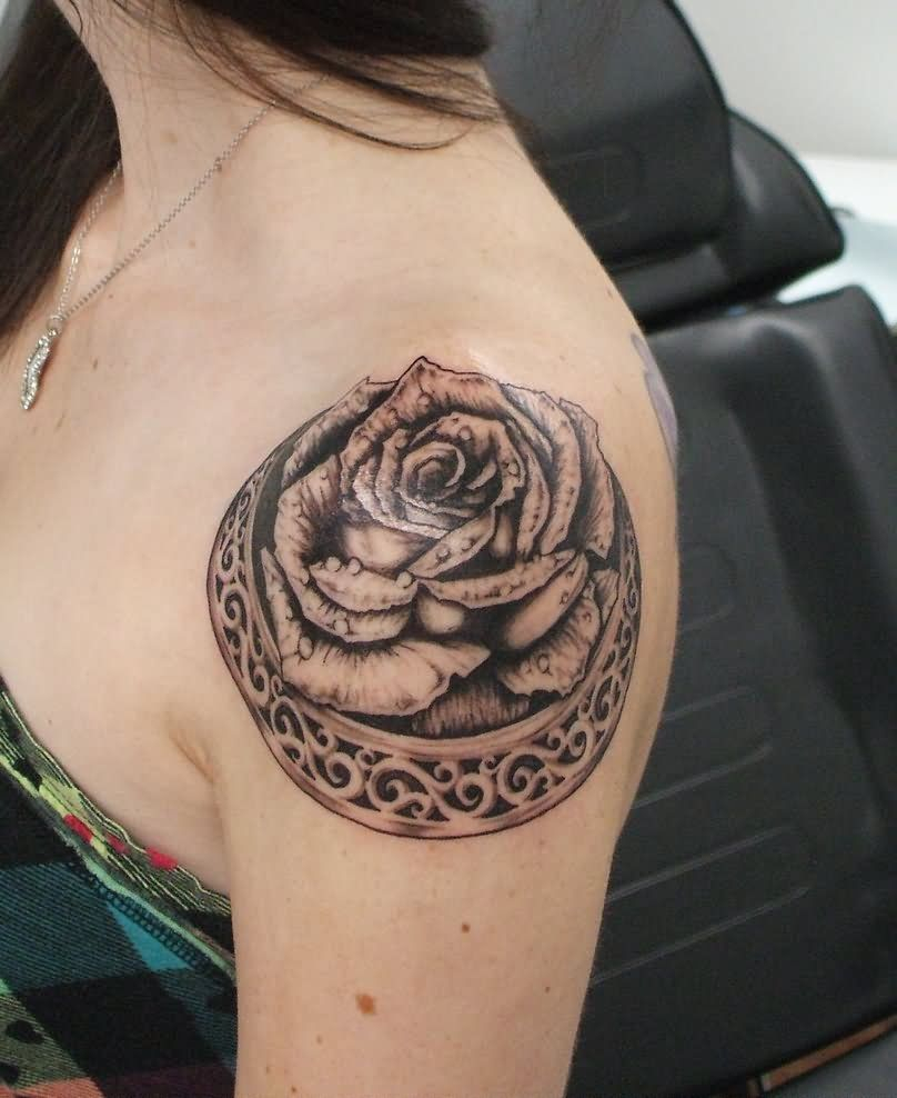 3d Black Ink Gothic Rose Tattoo On Girl Left Shoulder Gothic Black intended for size 808 X 988