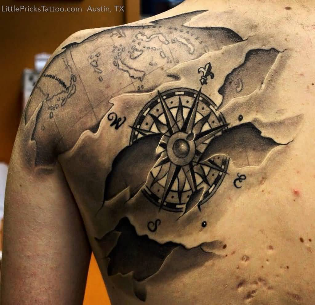 3d Compass Tattoo On Left Back Shoulder pertaining to sizing 1024 X 992