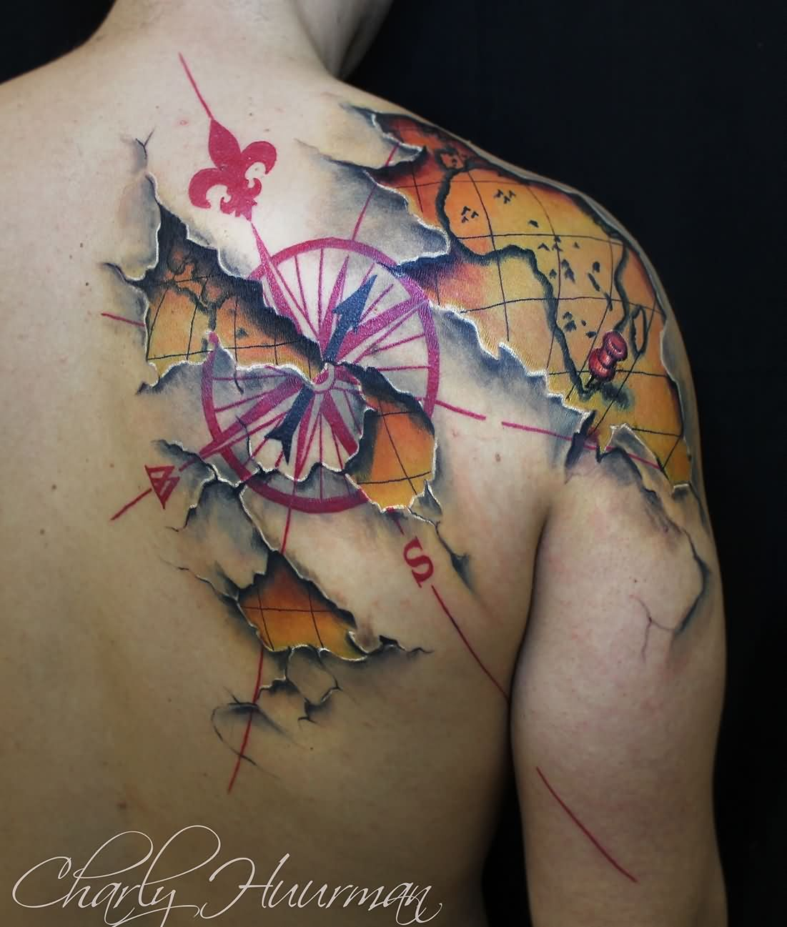 3d Map Tattoo On Right Back Shoulder regarding proportions 1101 X 1297