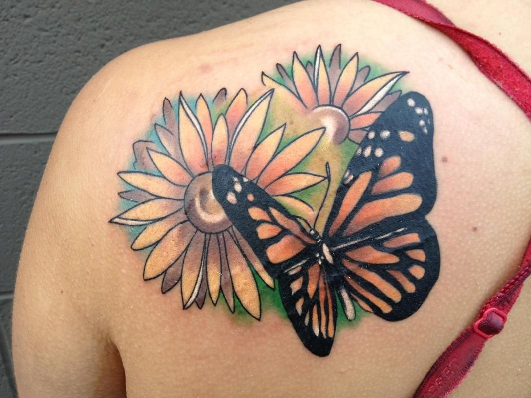 75 Sunflower Tattoos Designs Tatoo Butterfly Tattoo On Shoulder throughout size 1067 X 800