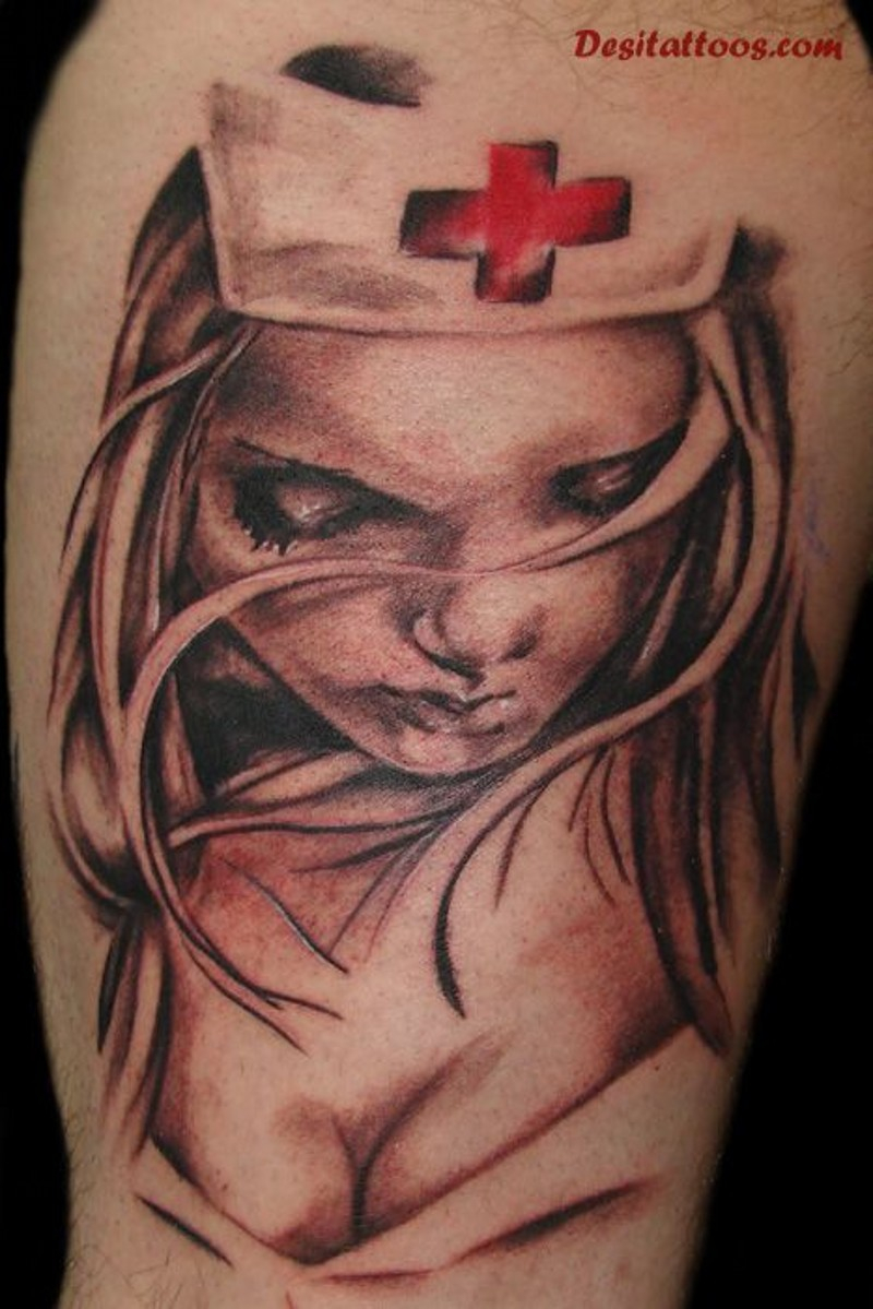 Accurate Looking Colored Shoulder Tattoo Of Sexy Nurse Portrait within proportions 800 X 1199