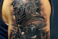 Accurate Painted Colored Shoulder Tattoo Of Gladiator Fight With with size 800 X 1203
