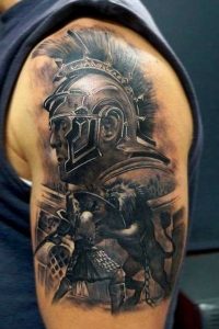 Accurate Painted Colored Shoulder Tattoo Of Gladiator Fight With with size 800 X 1203