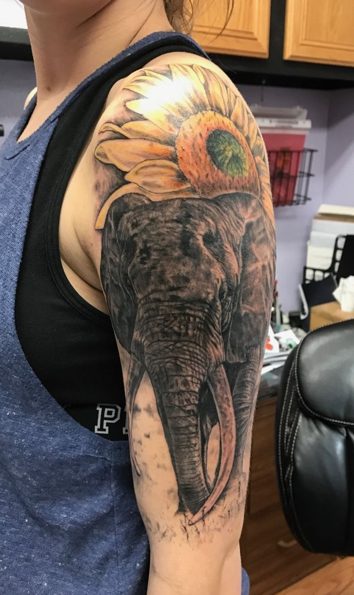 African Bull Elephant Tattoo And Sunflower Holy Roller Tattoo intended for proportions 726 X 1219