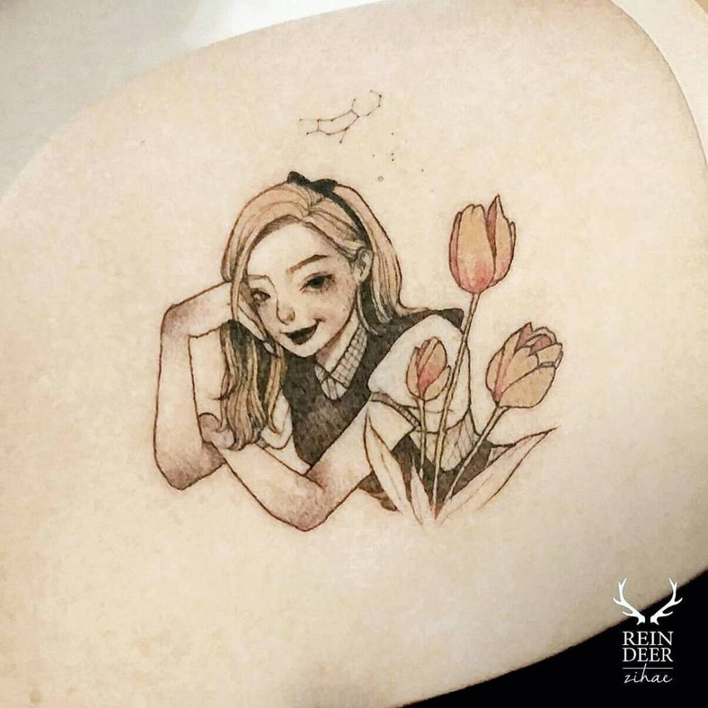 Alice And Tulips Tattoo On The Left Shoulder Blade regarding dimensions 1000 X 1000