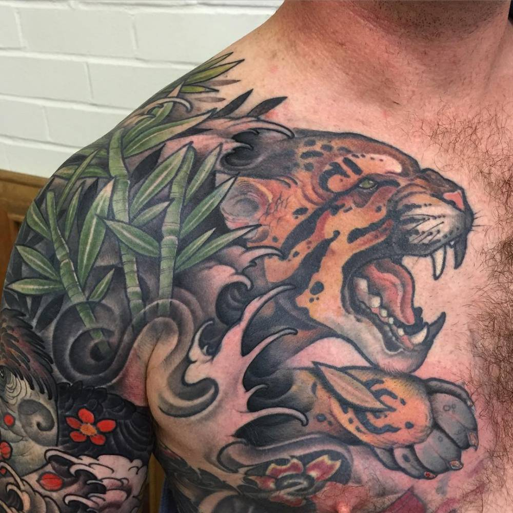 Amazing Angry Jaguar Tattoo On Chest And Shoulder in sizing 1000 X 1000