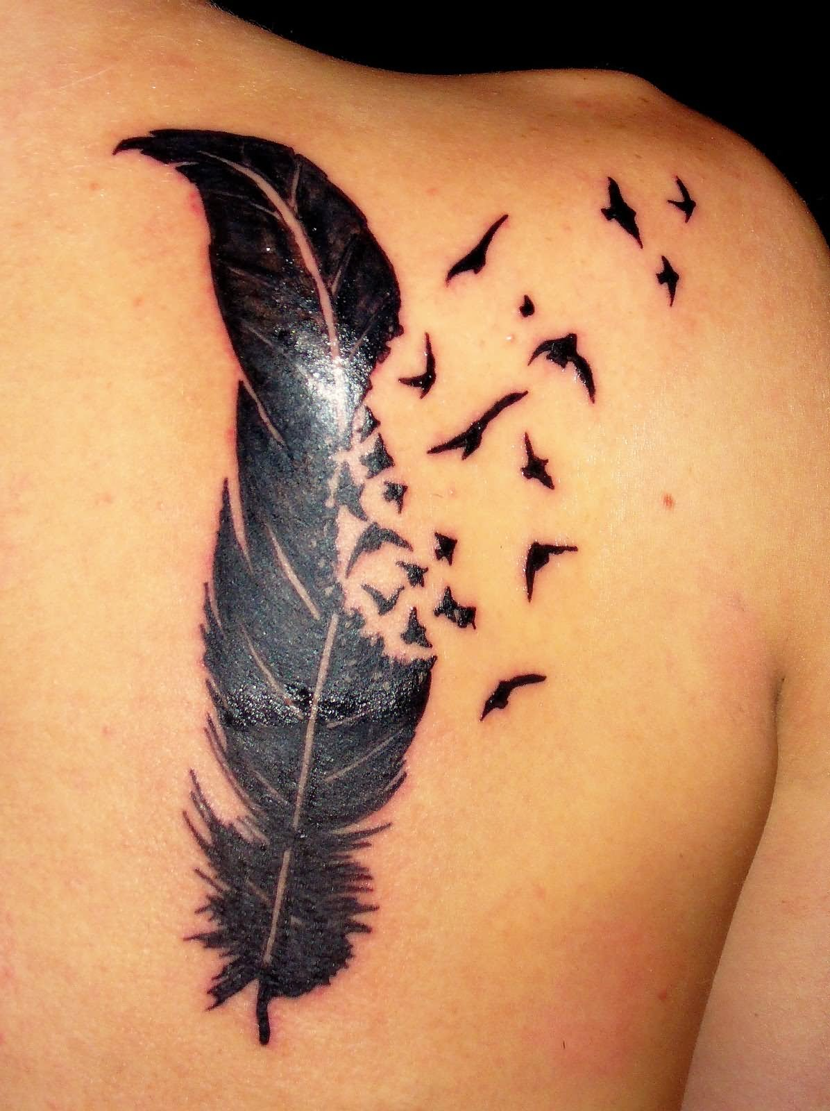 Amazing Black Feather Tattoo On Right Shoulder intended for proportions 1196 X 1600