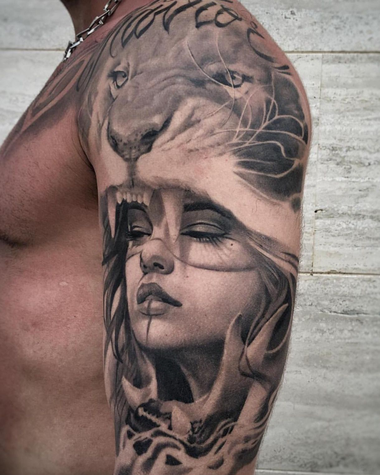 Amazing Portrait Tattoo Lion Tattoo Bicep Tattoo Tattoos And with regard to proportions 1220 X 1522