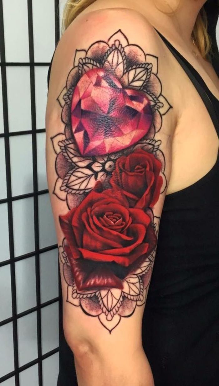 An Idea For Tattoo On One Shoulder Two Big Red Roses And A Heart with regard to dimensions 700 X 1231