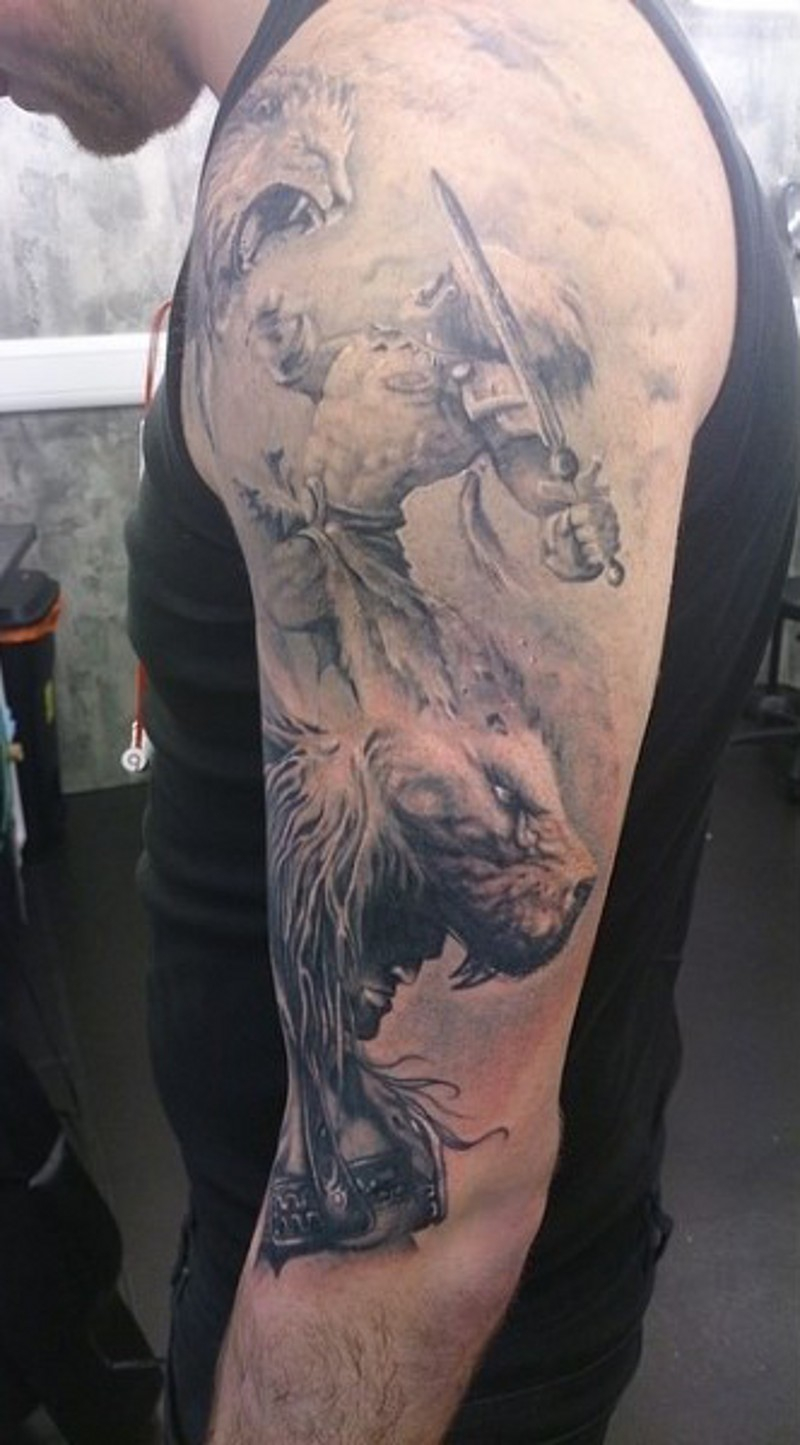 Antic Greece Mythology Themed Shoulder Tattoo Of Warrior Fighting regarding measurements 800 X 1445