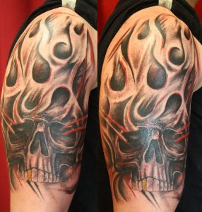 Attractive Flaming Skull Tattoo On Right Shoulder with regard to sizing 872 X 916