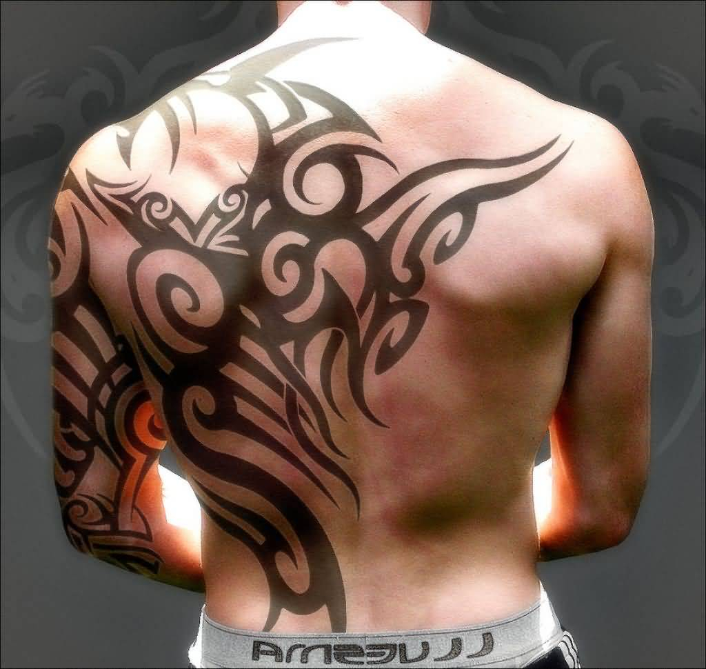 Attractive Tribal Design Tattoo On Back And Half Sleeve For Men within dimensions 1024 X 970