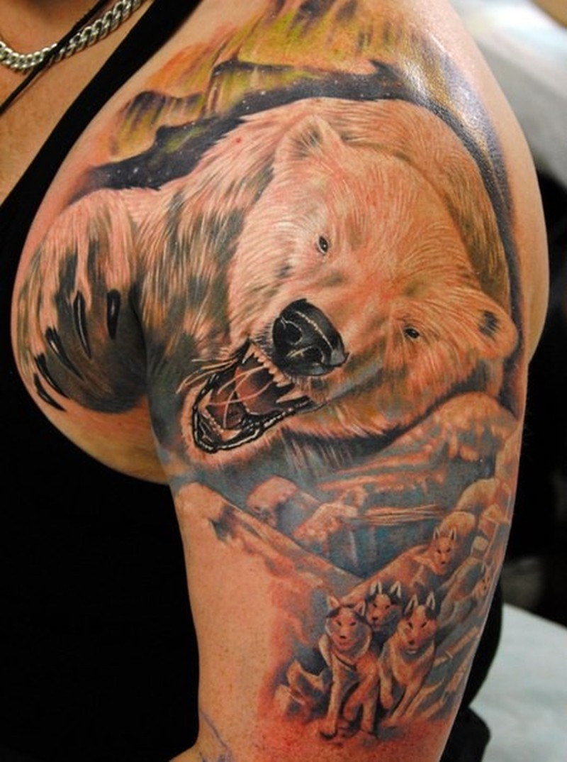 Awesome Angry Polar Bear Tattoo On Left Shoulder in size 800 X 1074