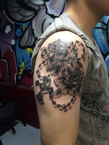 Awesome Black Rose And Rosary Tattoo On Shoulder inside size 2250 X 3000