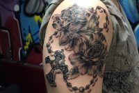 Awesome Black Rose And Rosary Tattoo On Shoulder with measurements 2250 X 3000