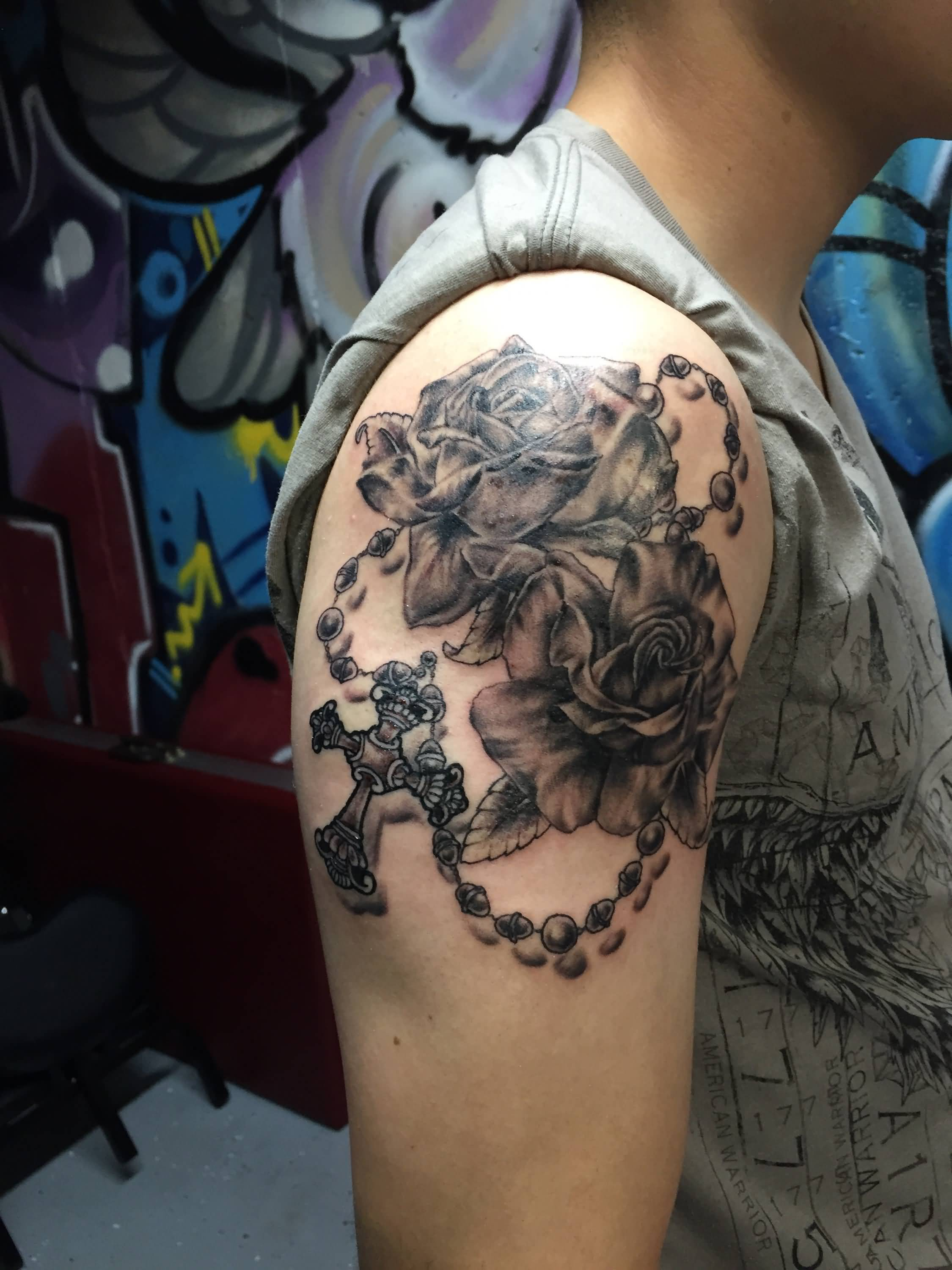 Awesome Black Rose And Rosary Tattoo On Shoulder with measurements 2250 X 3000