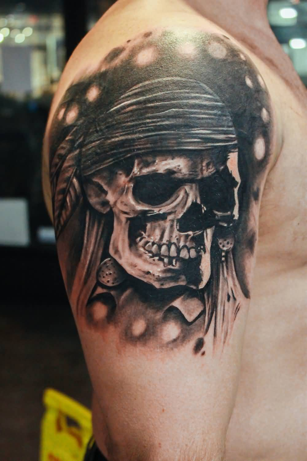 Awesome Grey And Black Pirate Skull Right Shoulder Tattoo For Men pertaining to dimensions 1000 X 1500