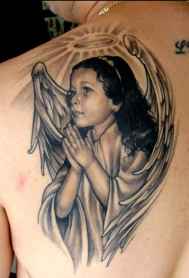 Awesome Realistic Cherub Girl With Nimbus Tattoo On Shoulder Blade throughout proportions 800 X 1179