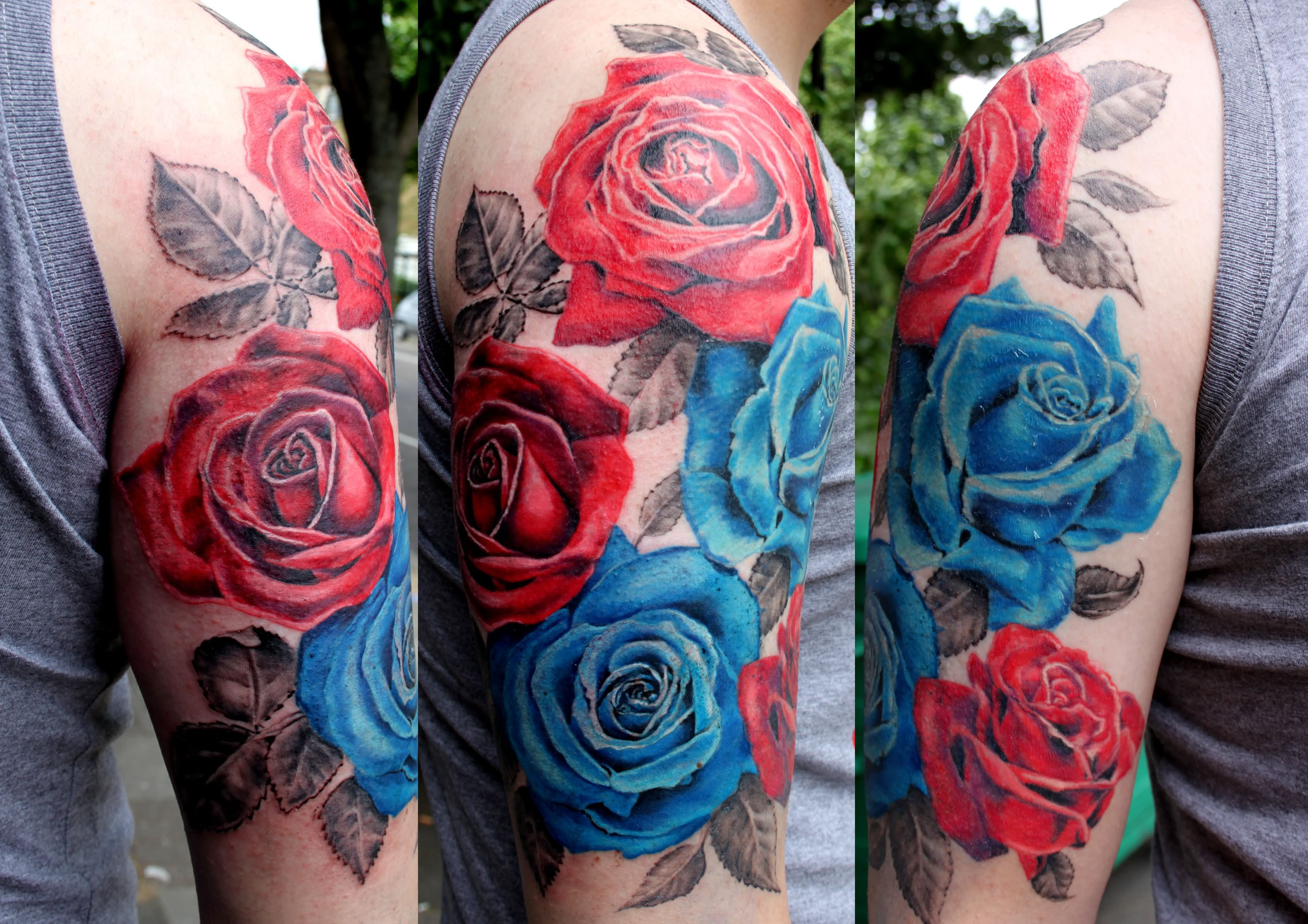 Awesome Red And Blue Roses Tattoo On Man Half Sleeve Bob Holland within measurements 3508 X 2480