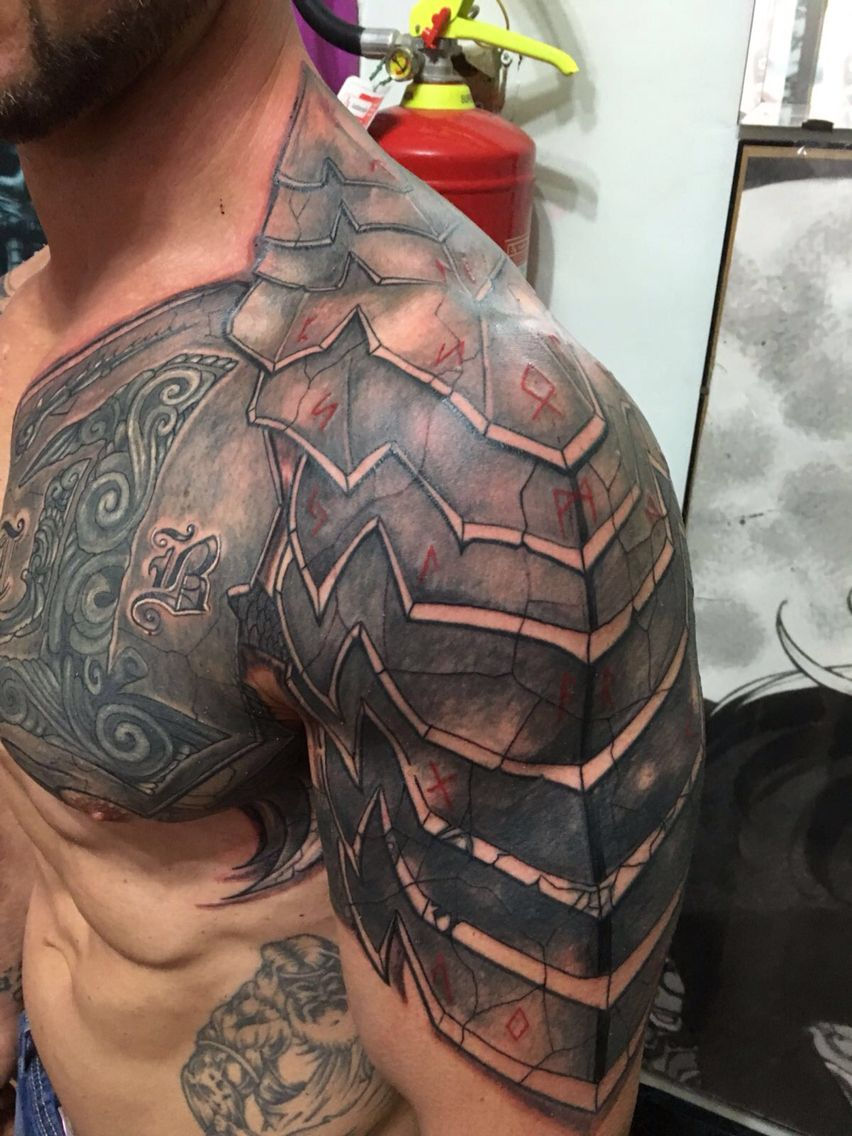 Awesome Shoulder And Chest Tattoo Tattoos Tattoos Armor Tattoo with regard to sizing 852 X 1136