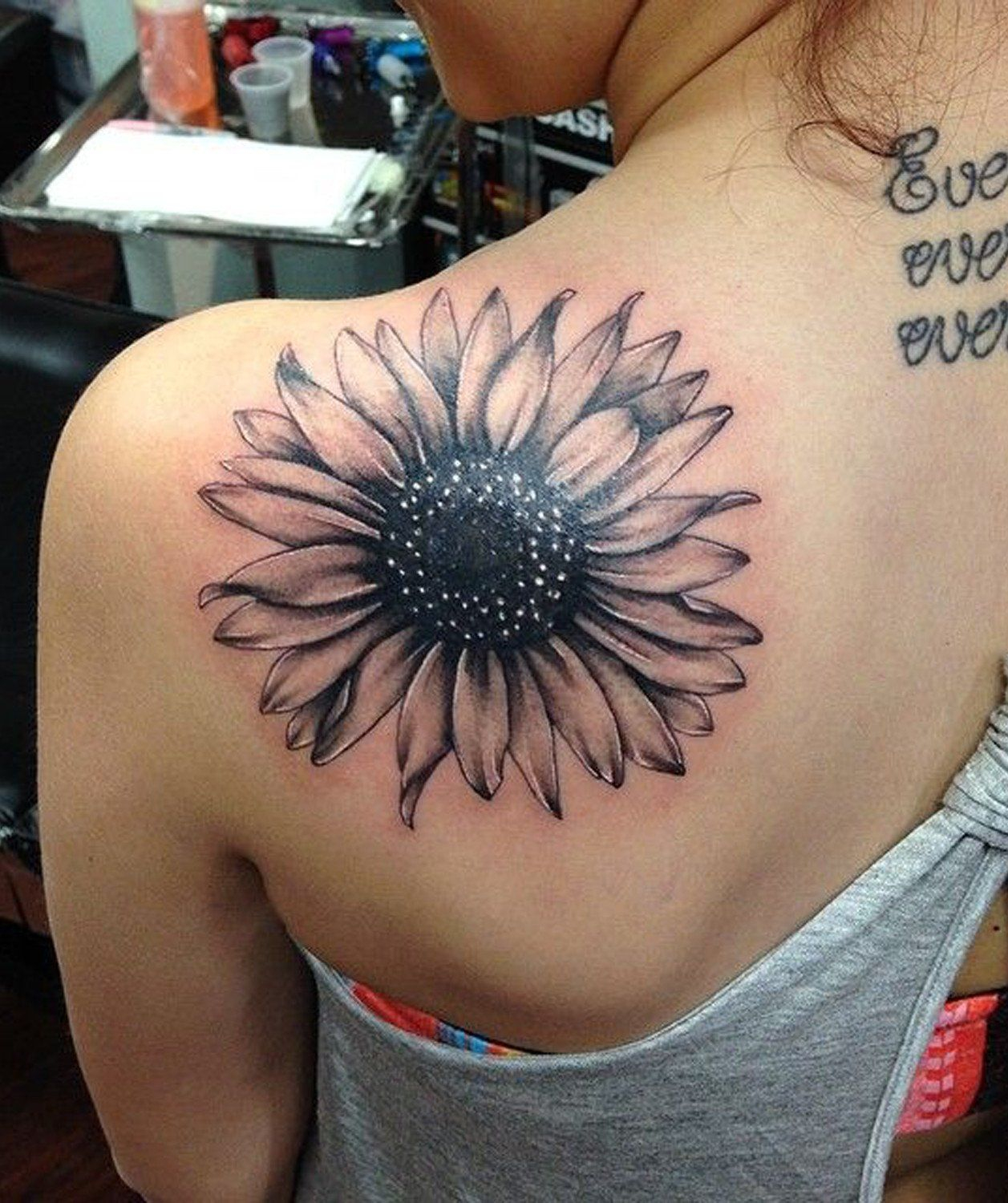 Back Of Shoulder Black And White Floral Sunflower Tattoo Ideas For inside proportions 1257 X 1500