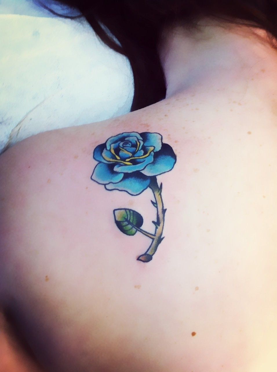 Beautiful Blue Rose With Thorns Watercolor Tattoo On Shoulder Blade pertaining to sizing 956 X 1280