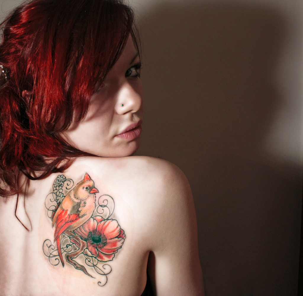 Beautiful Color Flower And Bird Tattoo On Right Back Shoulder regarding size 1024 X 1001