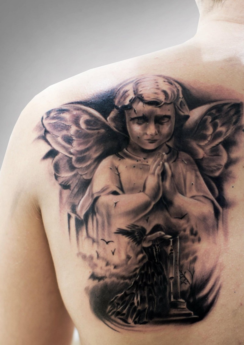 Beautiful Praying Cherub Tattoo On Shoulder Blade Tattooimagesbiz for measurements 800 X 1133