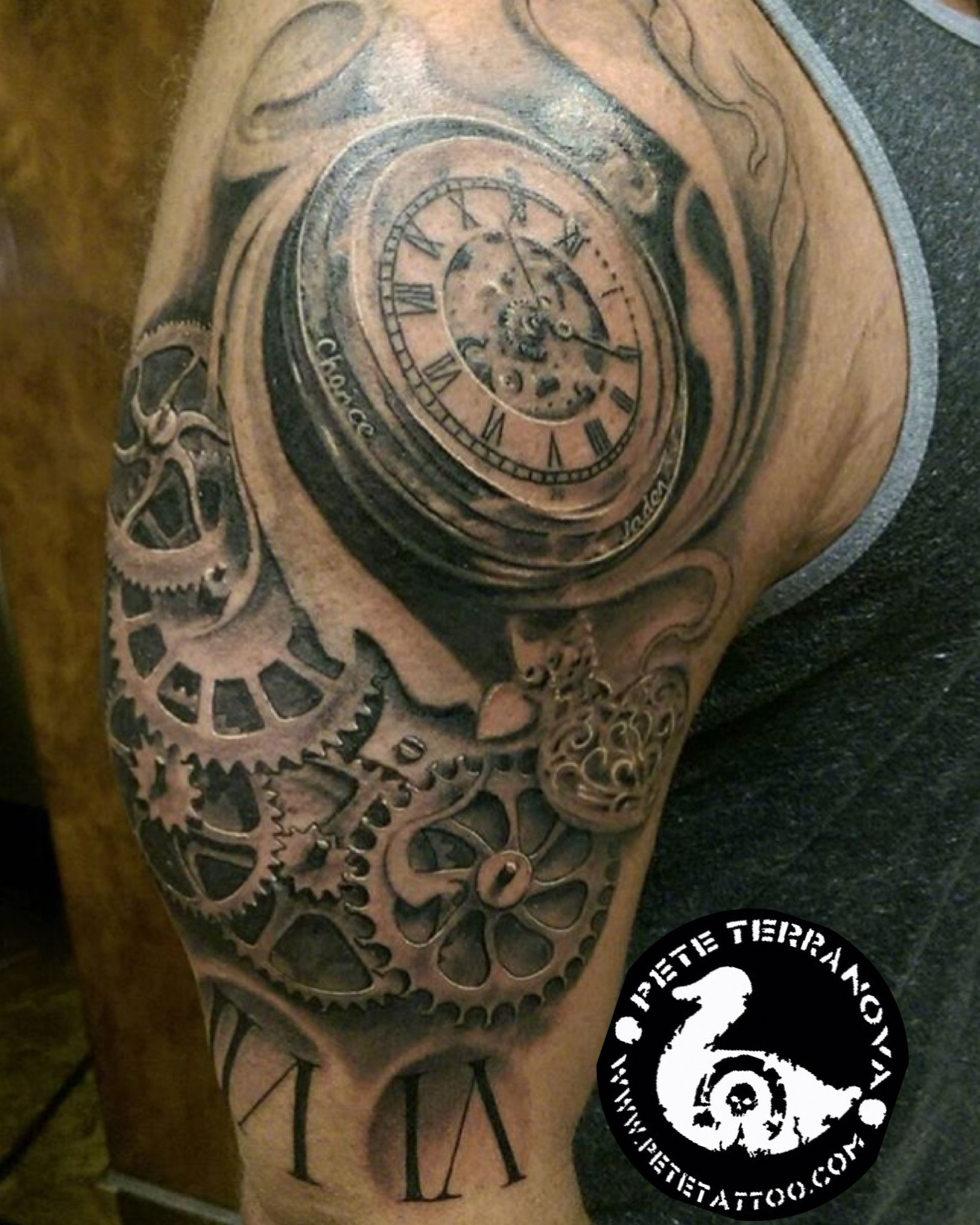 Black And Gray Clock And Gears Tattoo Custom Tattoos Gear Tattoo for size 1638 X 2048