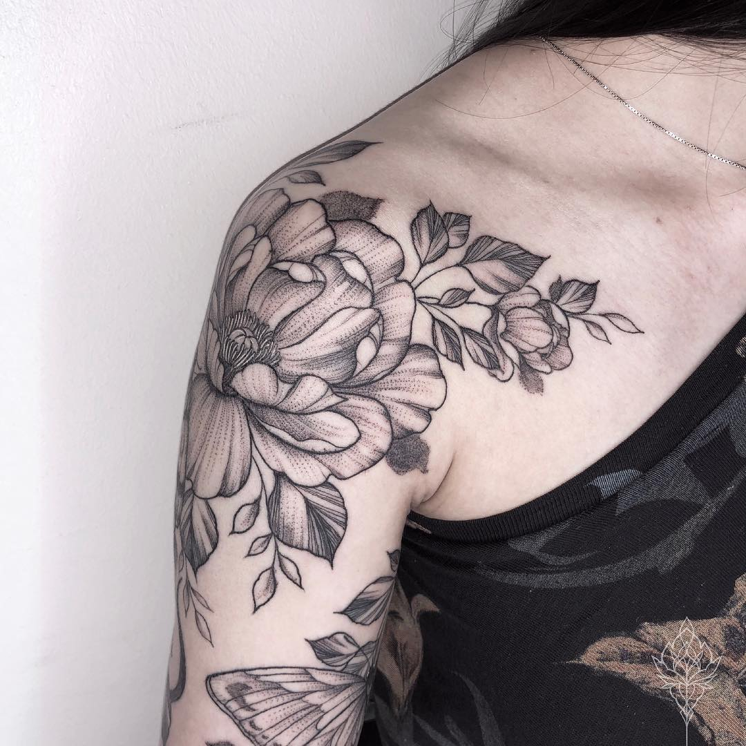Black And Gray Flower Tattoo On The Shoulder Tattoogrid in dimensions 1080 X 1080