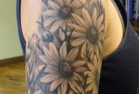 Black And Grey Daisy Flowers Tattoo On Right Shoulder Tattoos with proportions 1285 X 1702