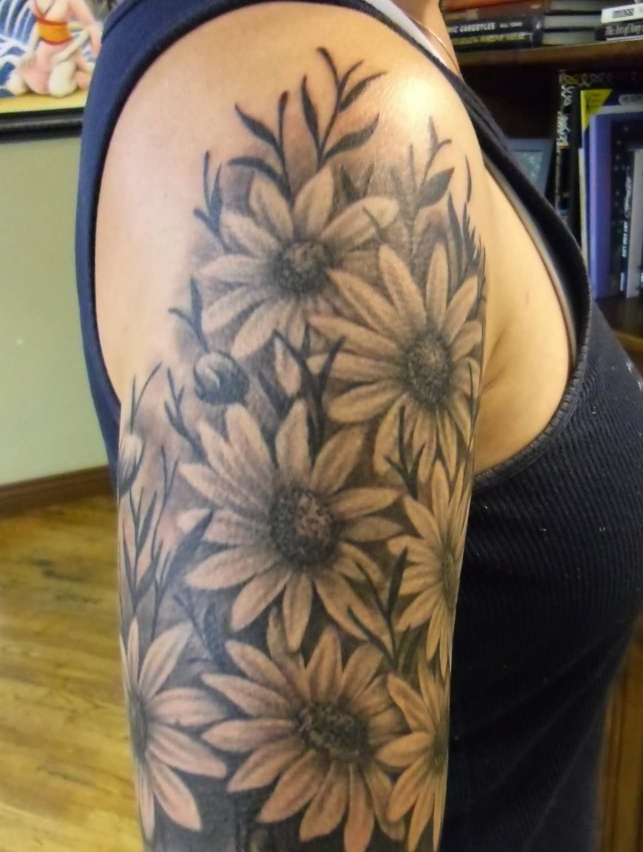 Black And Grey Daisy Flowers Tattoo On Right Shoulder Tattoos with proportions 1285 X 1702