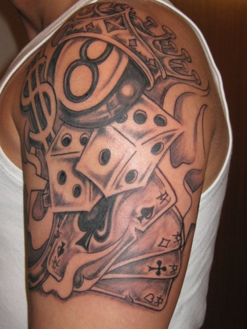 Black And Grey Money Symbol With Playing Cards And Dice Tattoo On pertaining to sizing 800 X 1067