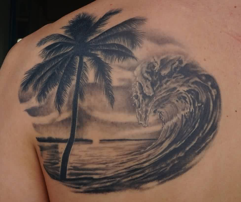 Black And Grey Palm Tree With Wave Tattoos On Left Back Shoulder with dimensions 977 X 817