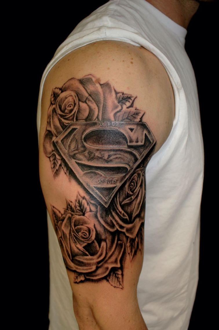 Black And Grey Shaded Supergirl Symbol And Roses Wwwtattooguyco in size 756 X 1136