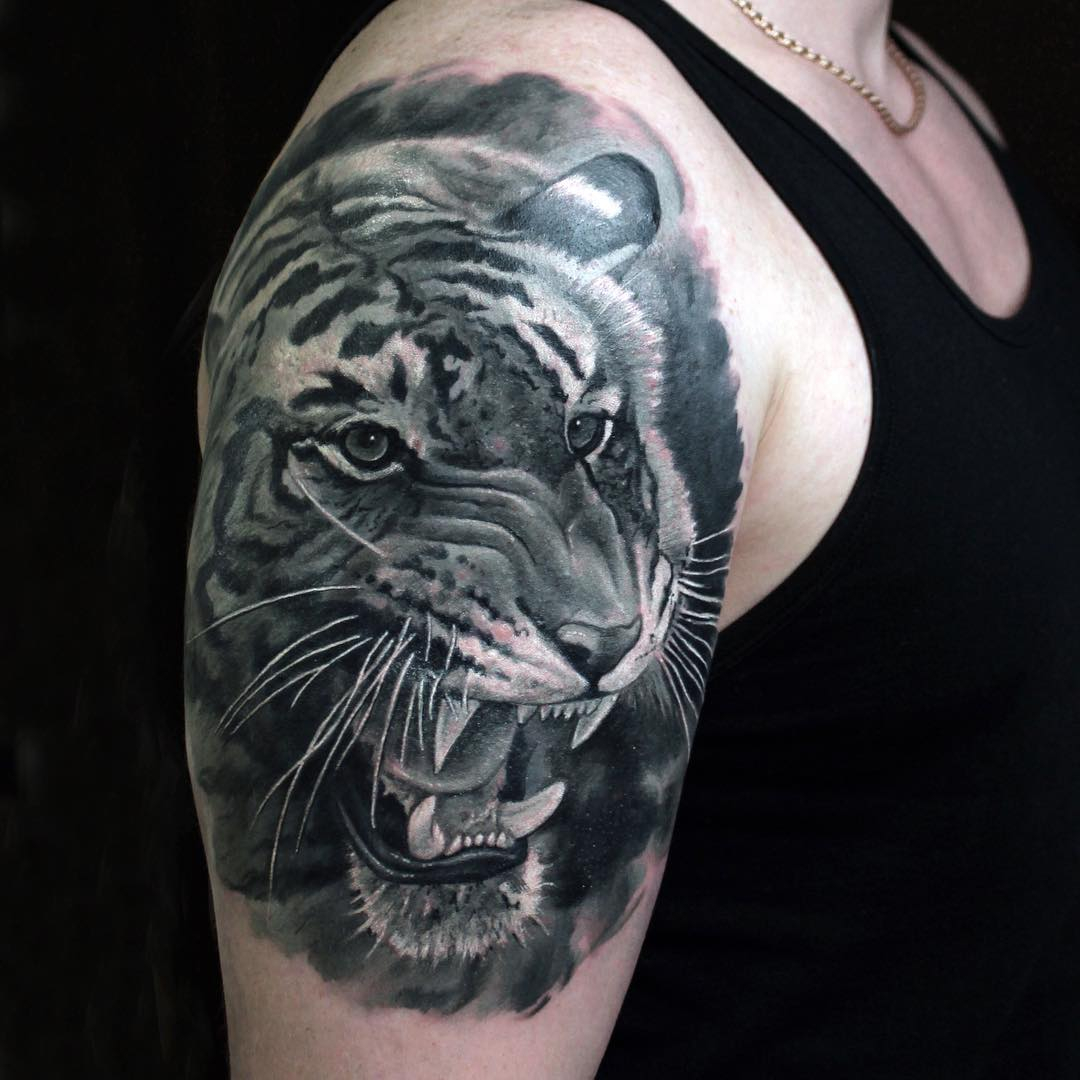 Black And Grey Tiger Head Tattoo On Shoulder with proportions 1080 X 1080