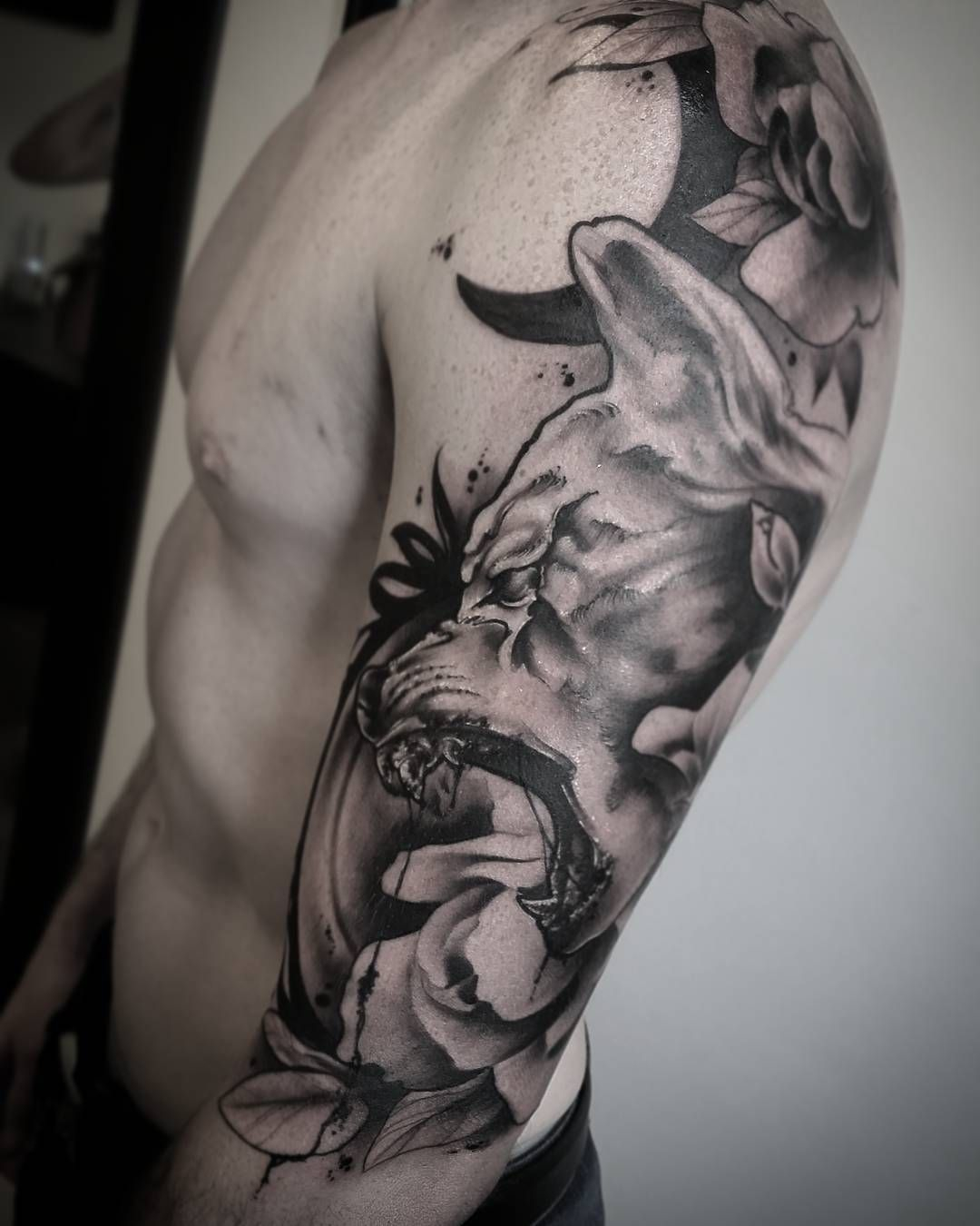 Black And Grey Wolf And Moon On Arm Half Sleeve Shoulder Tattoo in dimensions 1080 X 1350