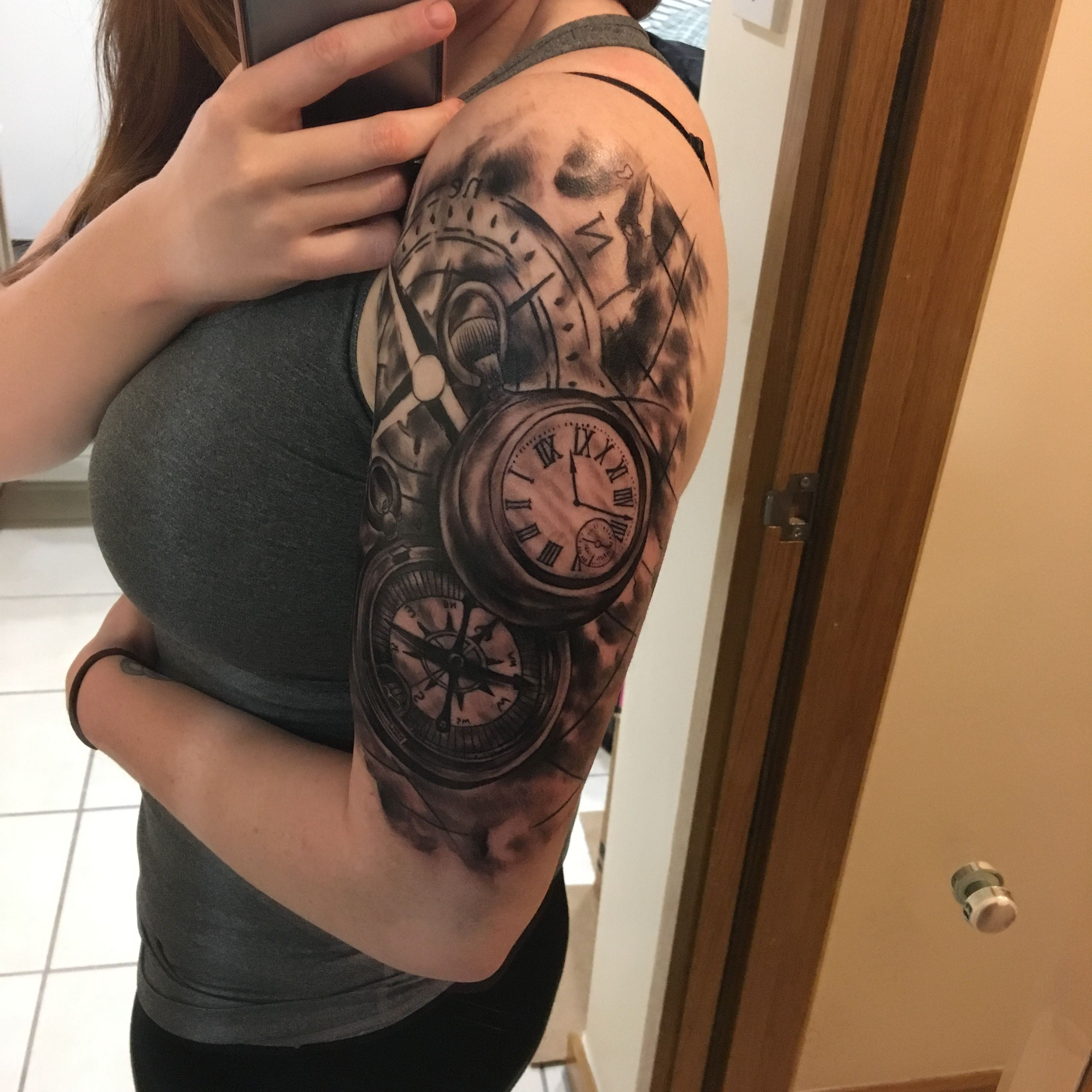 Black And White Tattoo Half Sleeve With Compass Clock And Map regarding proportions 3024 X 3024