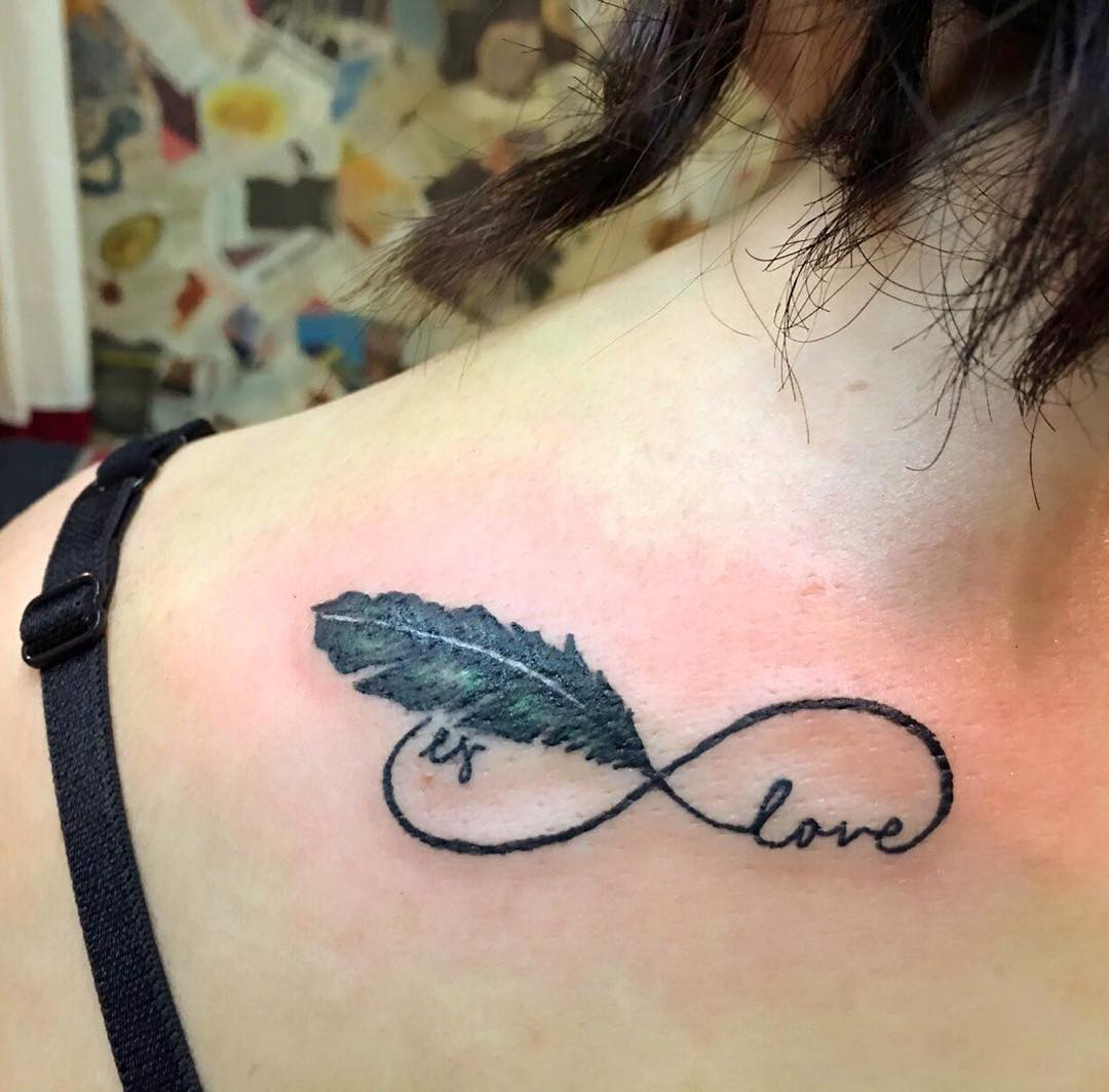 Black Feather Love Infinity Tattoo On Back Shoulder intended for proportions 1080 X 1064