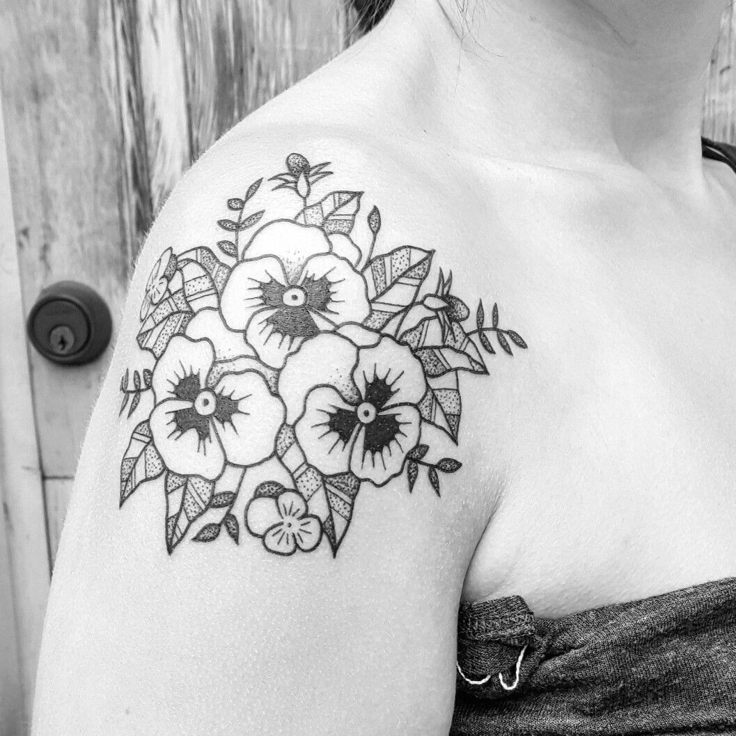 Black Floral Pansy Shoulder Tattoo Illustration Tattoos Carrie for size 1057 X 1057