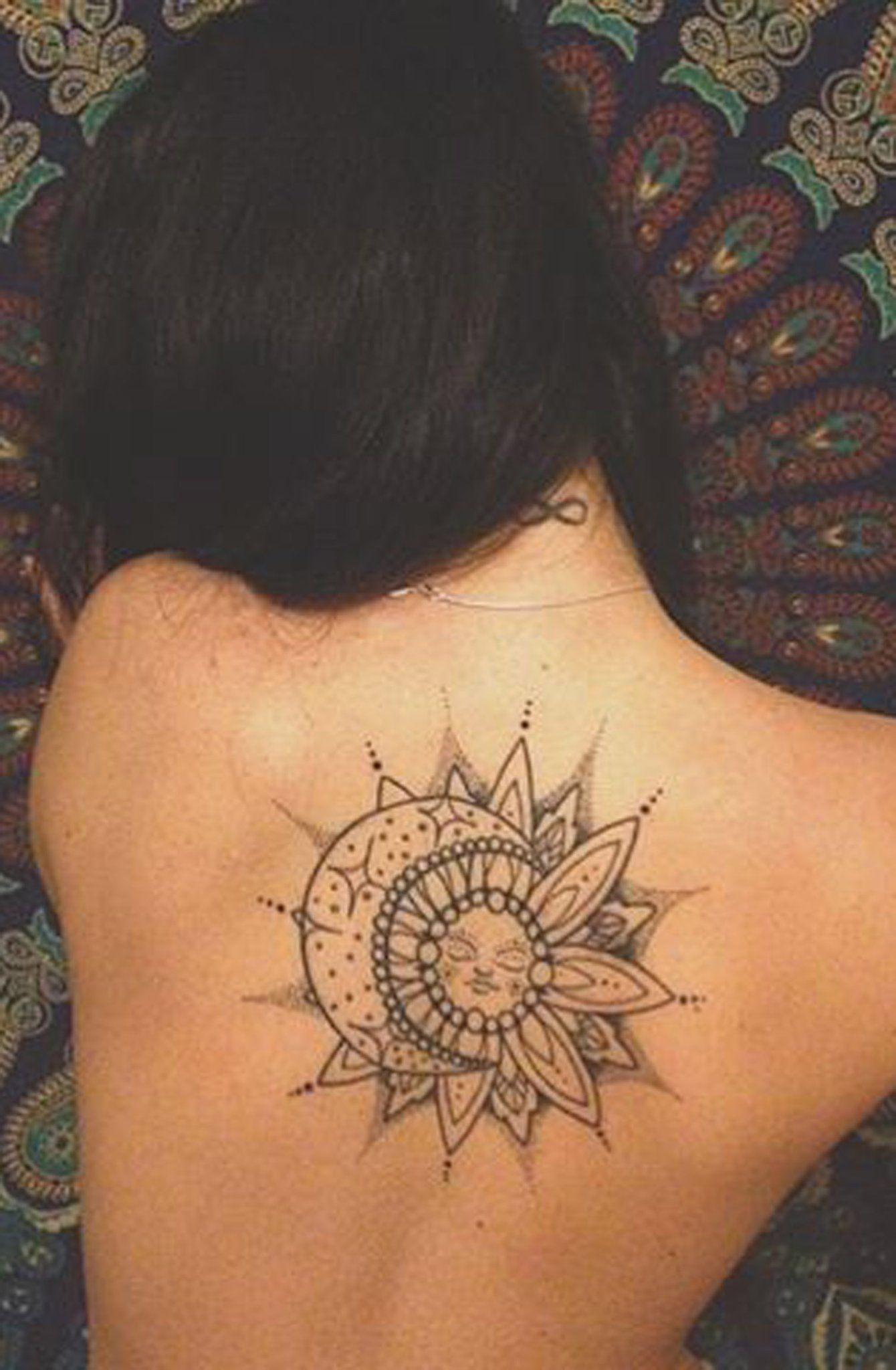 Black Geometric Sun Moon Mandala Back Tattoo Idea Designs For for sizing 1340 X 2048