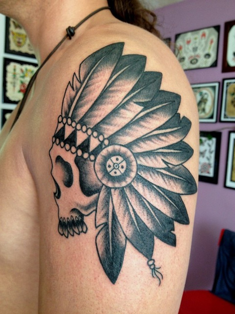 Black Grey Ink Indian Skull Tattoo On Shoulder Tattoos Book with regard to sizing 800 X 1067