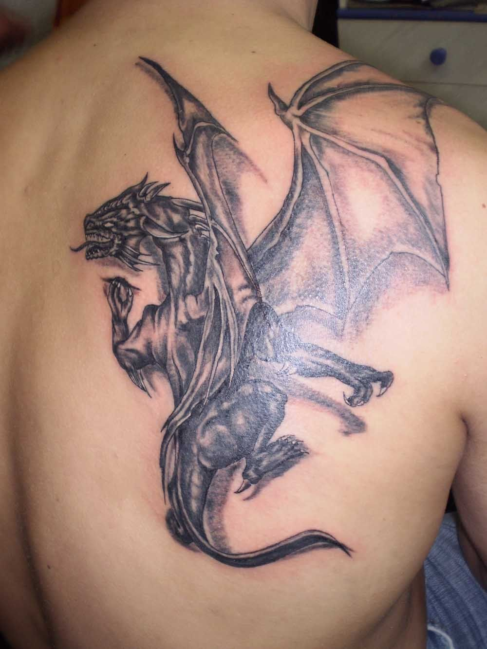 Black Ink 3d Gothic Dragon Tattoo On Man Right Back Shoulder in sizing 1000 X 1333