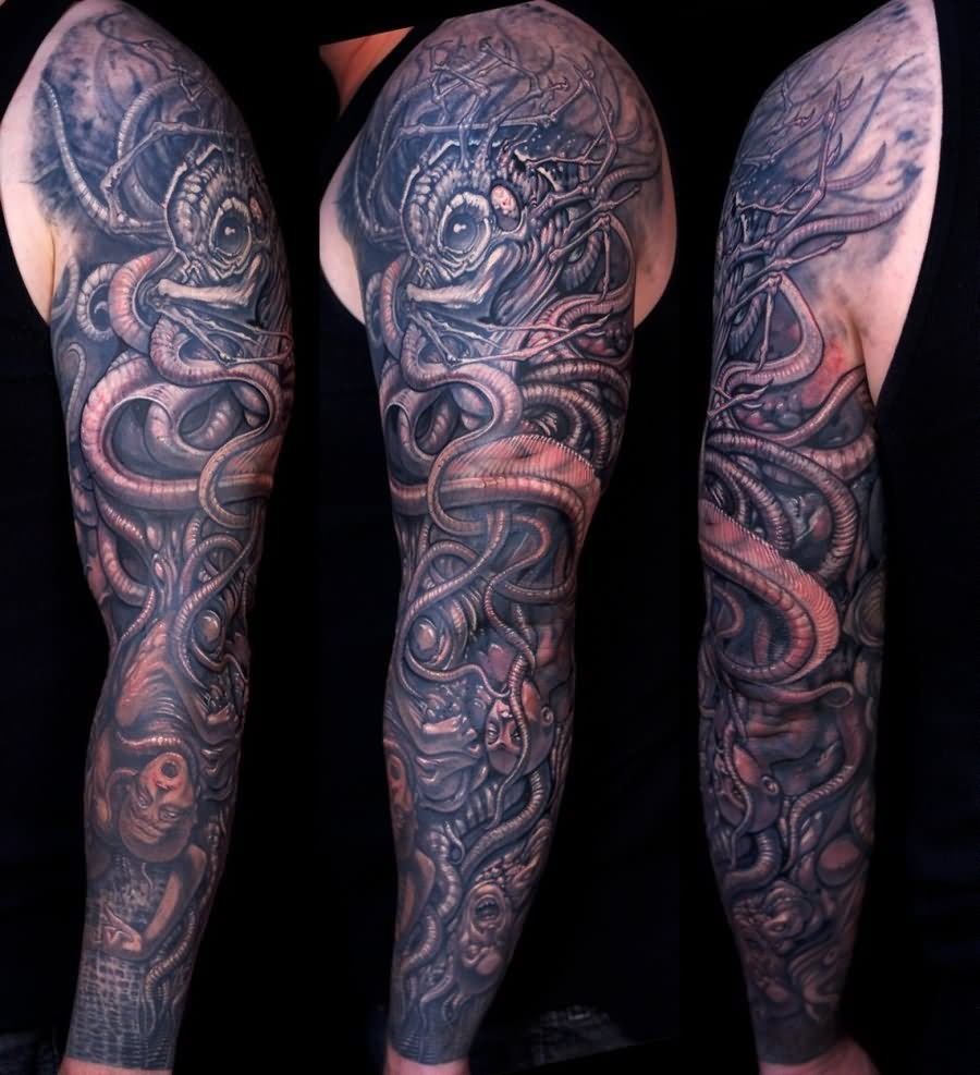 Black Ink Kraken Tattoo On Full Sleeve Dicecaspian17 with regard to dimensions 900 X 987