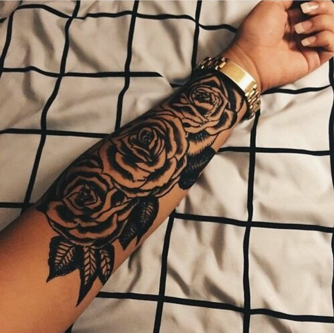 Black Ink Roses Tattoo On Male Forearm for size 1079 X 1076