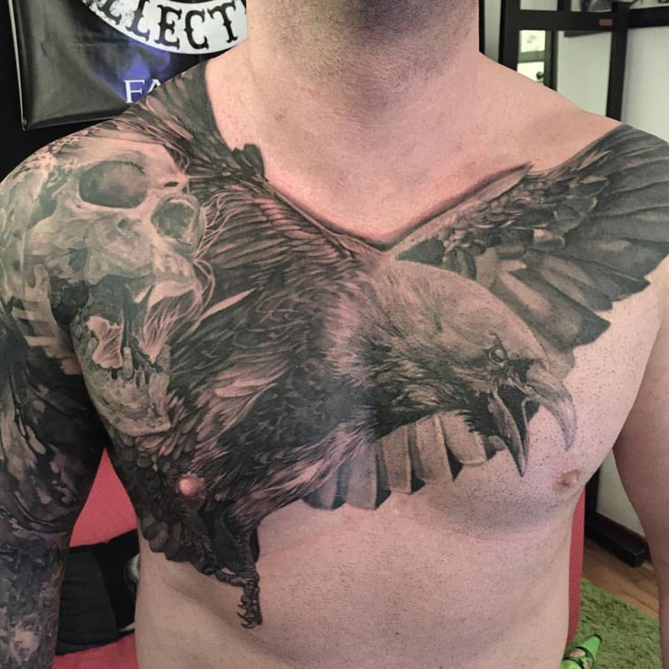 Black Ink Skull With Flying Eagle Tattoo On Man Right Shoulder And Chest for sizing 960 X 960